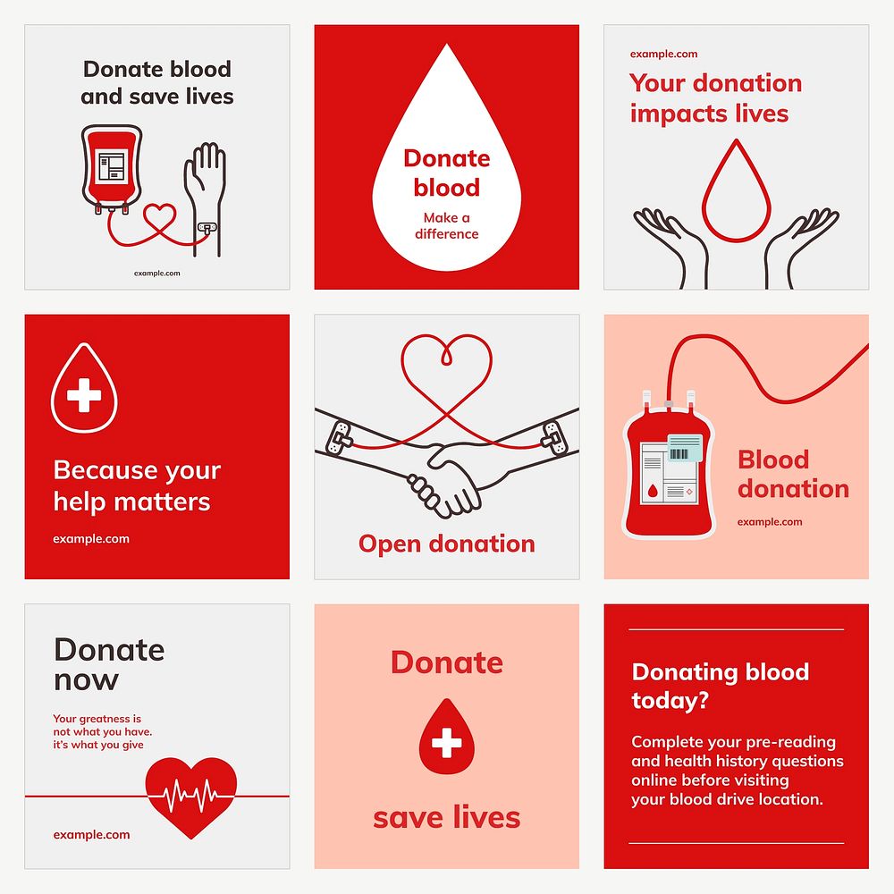Blood donation campaign template vector social media ad in minimal style set