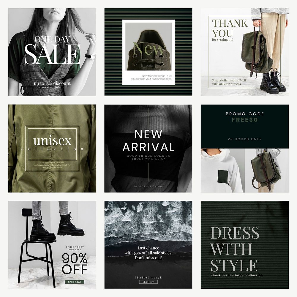 Unisex fashion sale template vector post set in green and dark tone