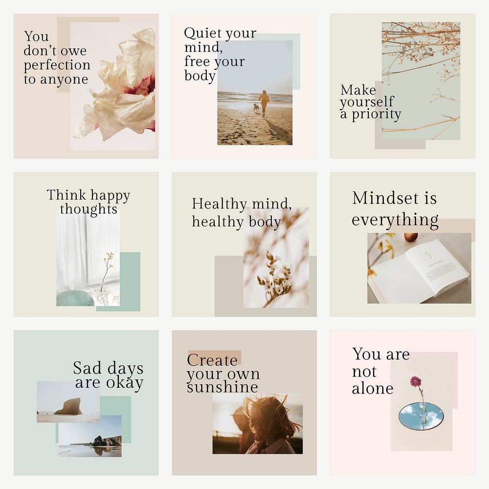 Positive thoughts template vector set quote for social media post
