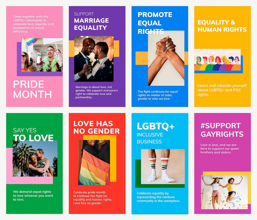 Pride month LGBTQ template vector gay rights support social media story set
