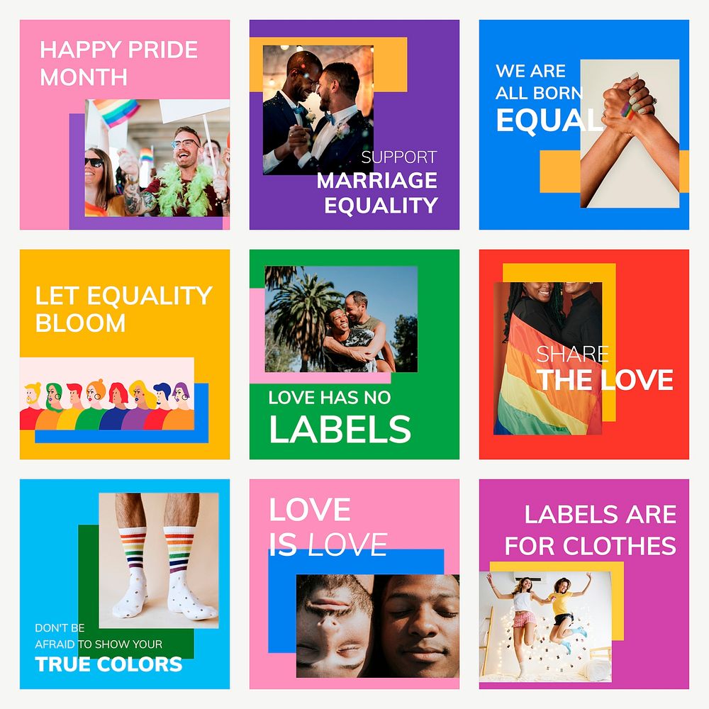 Pride month celebration template vector LGBTQ+ rights support social media post collection