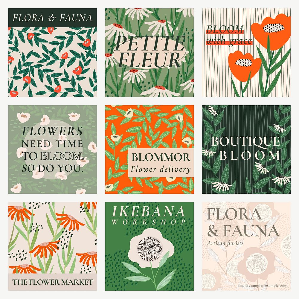 Retro floral patterned template vector set for social media post