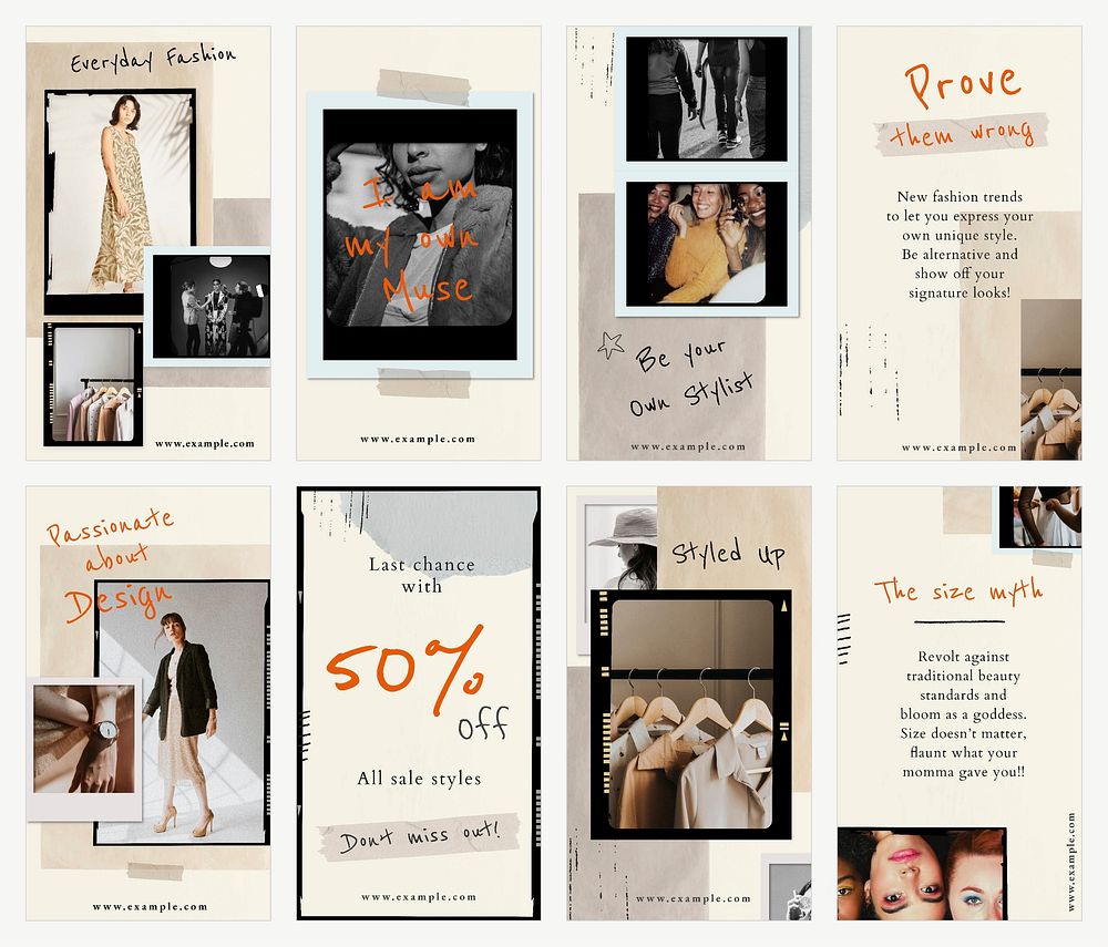 Vintage photo film template vector fashion marketing beige social media story collection