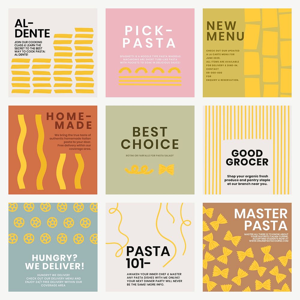 Cute pasta doodle template vector for food social media post set