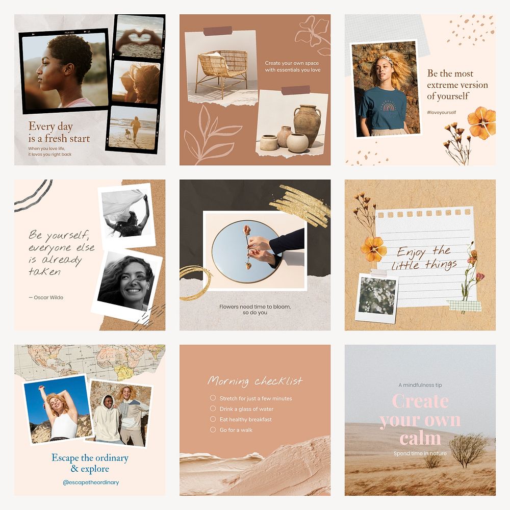 Aesthetic Instagram post template set, earth tone design psd