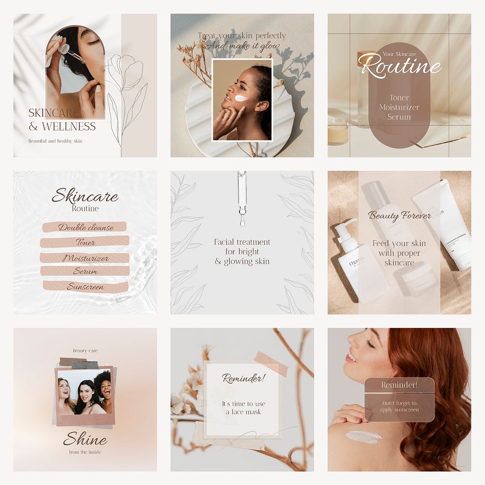 Beauty Instagram post templates, skincare business design set psd