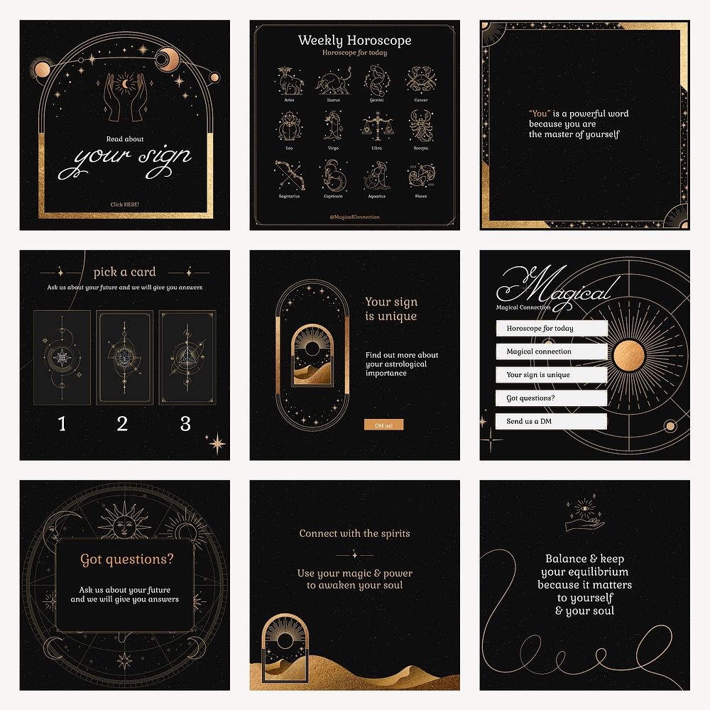 Horoscope quotes Instagram post templates, astrology signs design set psd