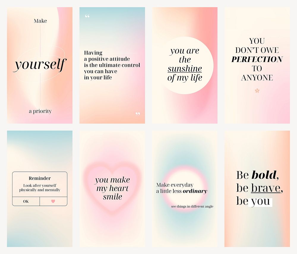 Self love Facebook story templates, pastel gradient design set vector