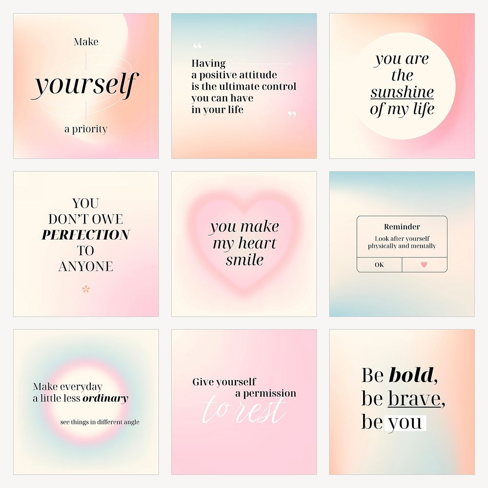 Self love Facebook post templates, pastel gradient design set vector