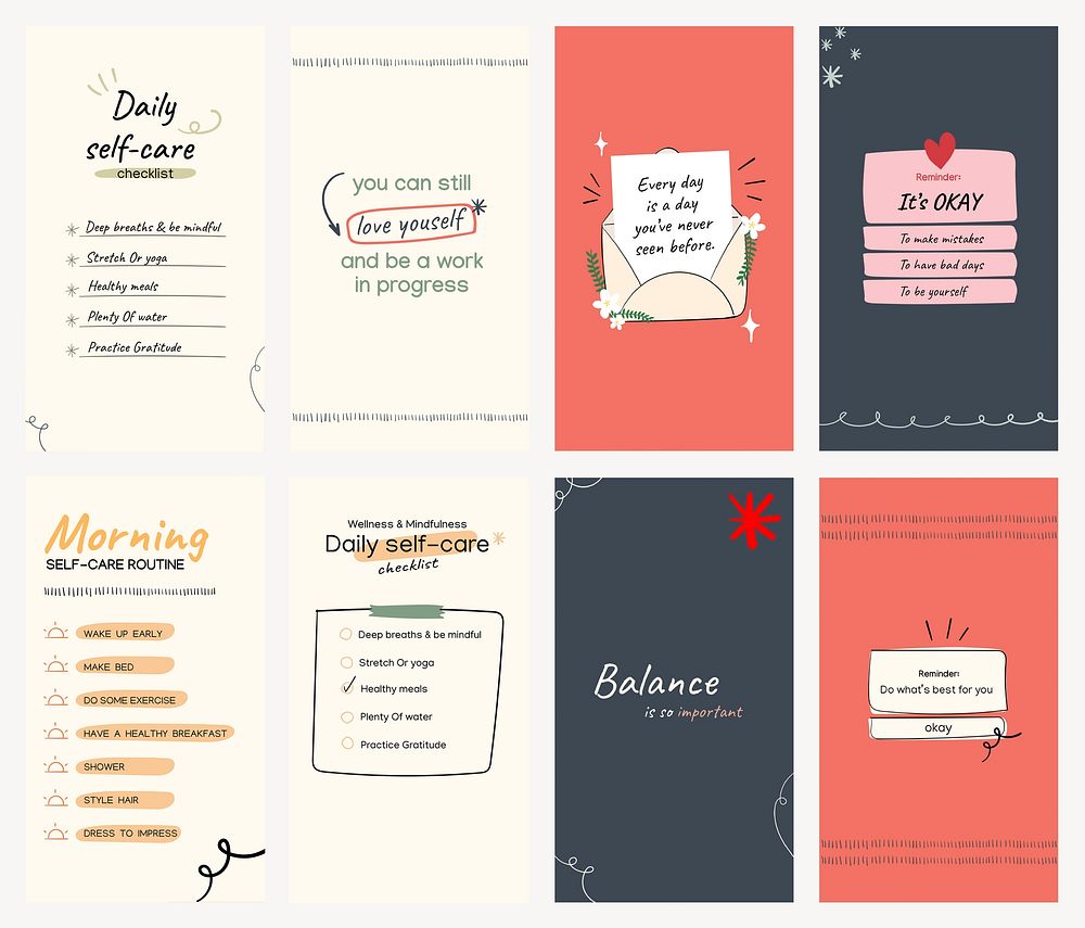 Self care Instagram story templates, healthy lifestyle design set psd