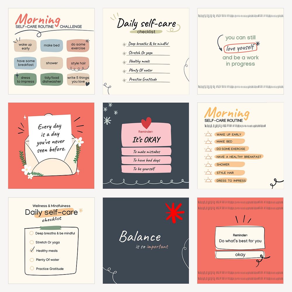 Self care Facebook post templates, healthy lifestyle design set vector