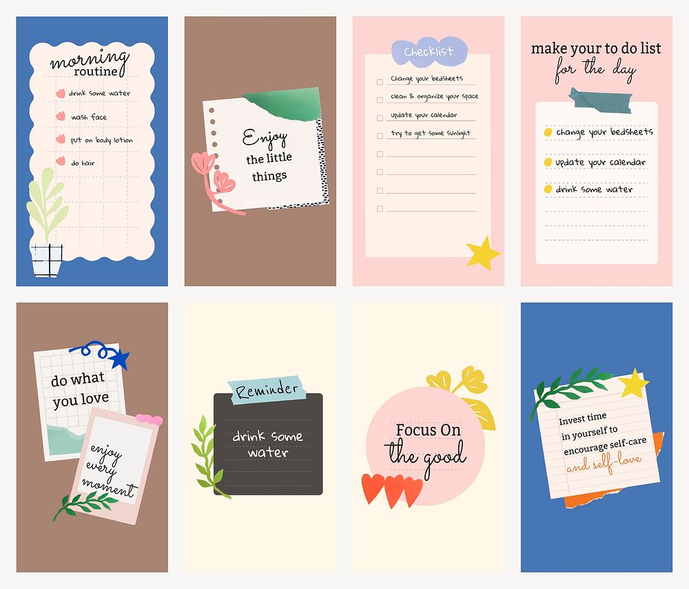 Checklist Facebook story templates, healthy lifestyle design set vector