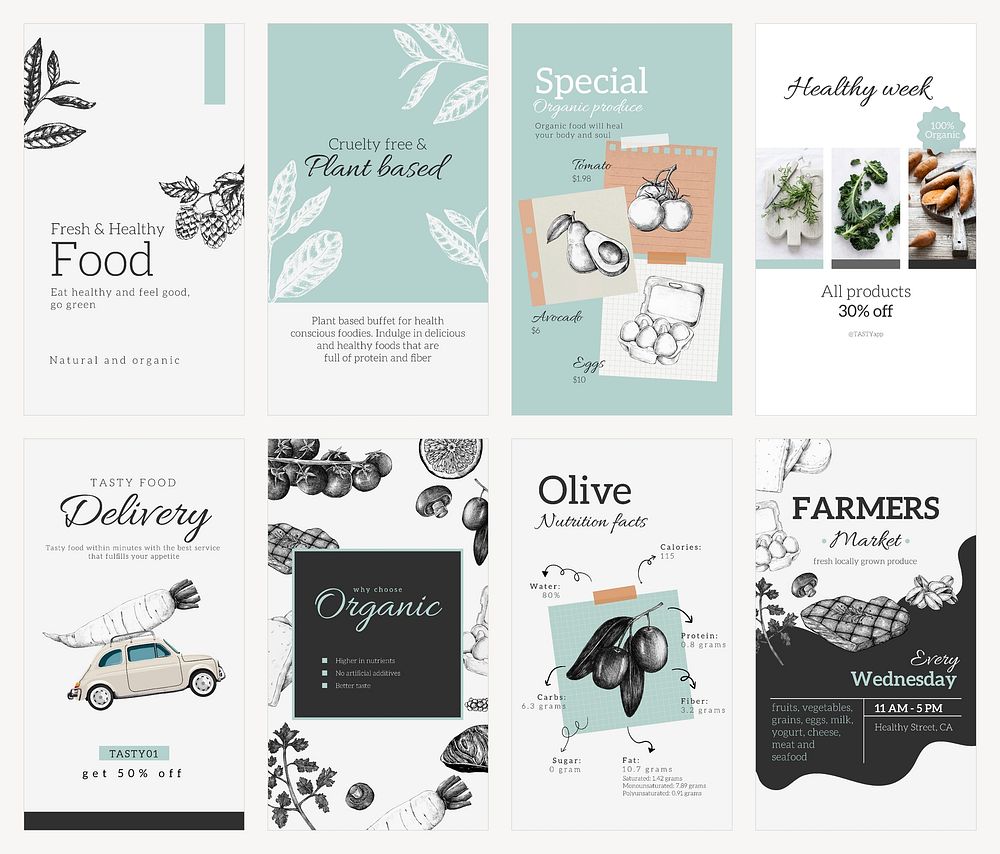 Organic food Facebook story templates, small business design set vector