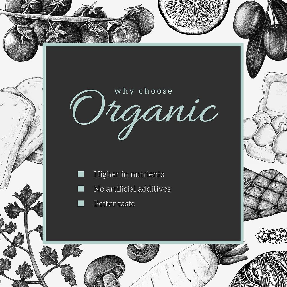 Food Instagram post template, black organic diet design vector
