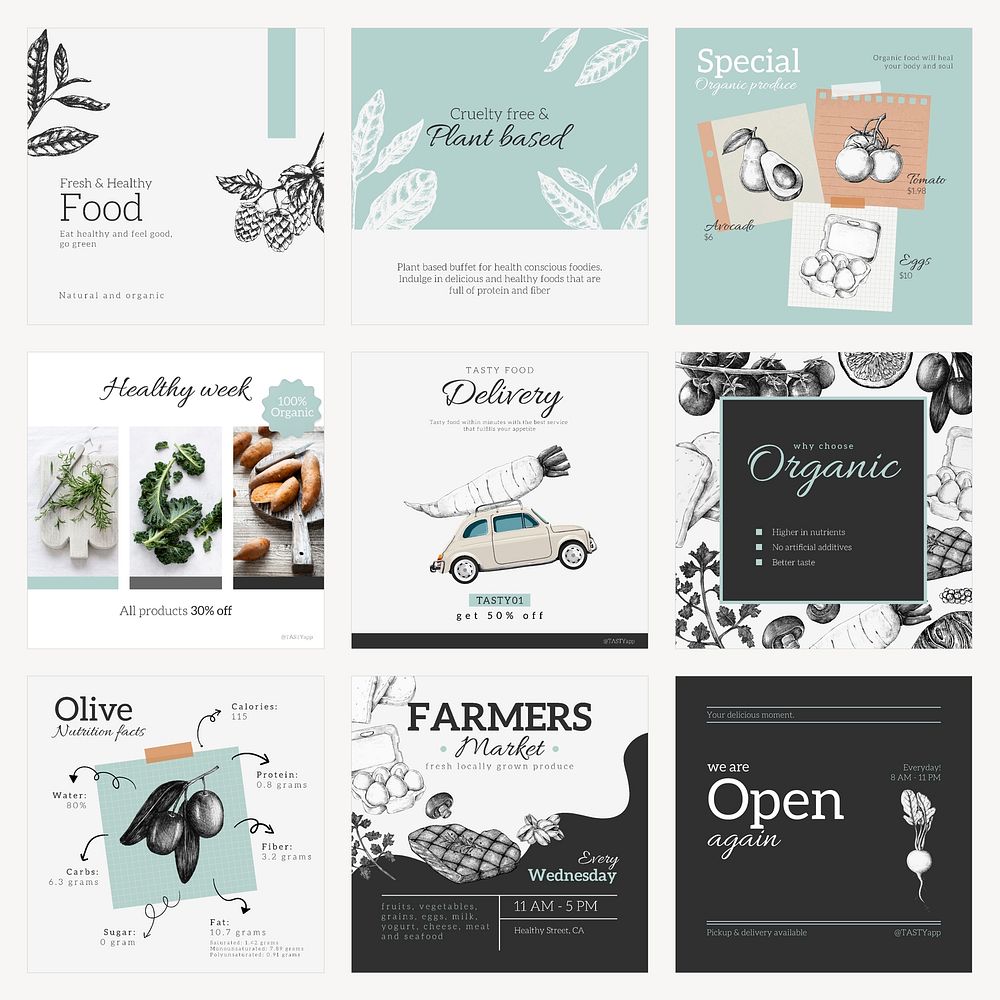 Organic food Instagram post templates, small business design set psd