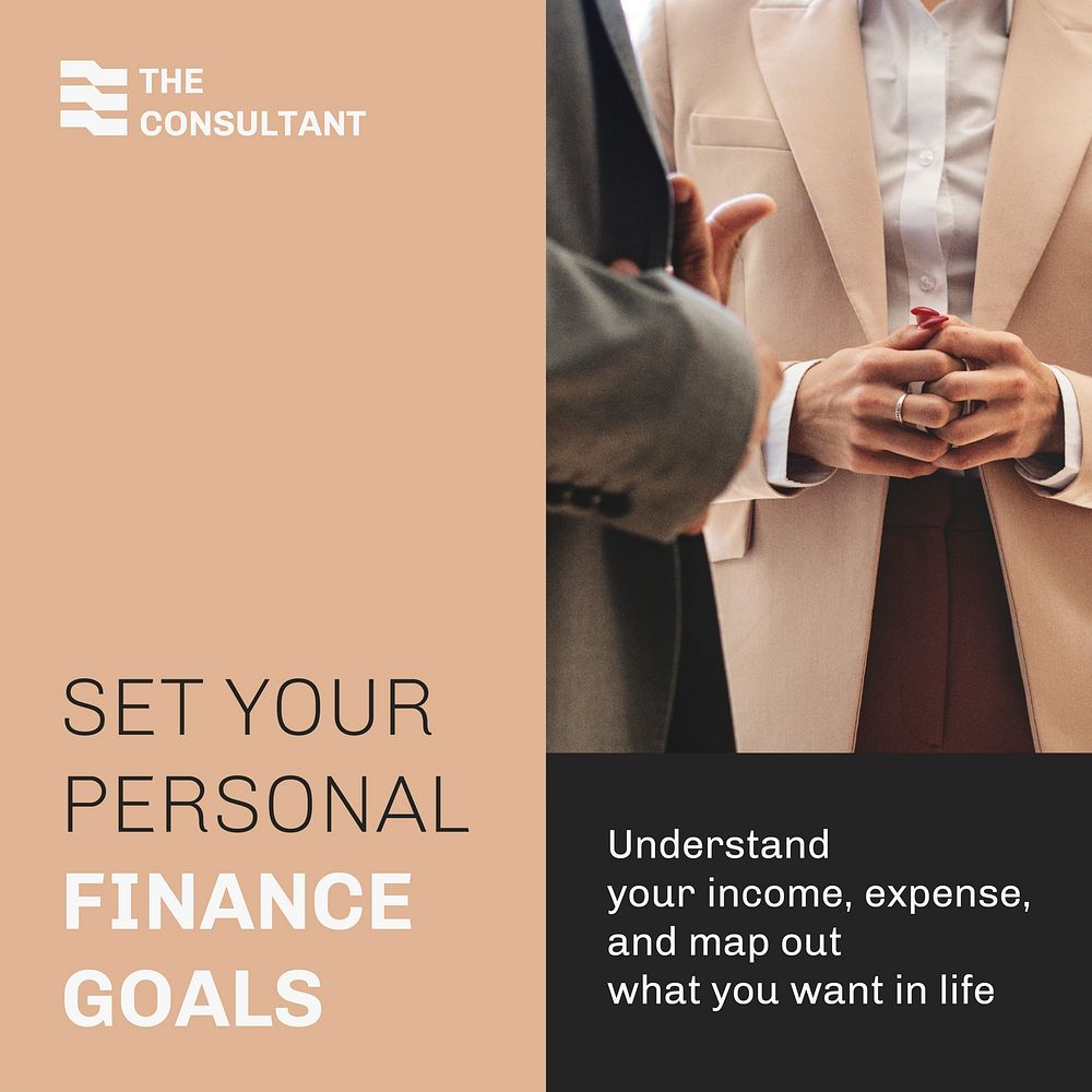 Finance goals Instagram ad template, business consulting, beige design vector