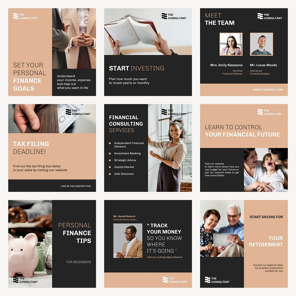 Banking Facebook post templates, financial consulting service, beige design set psd