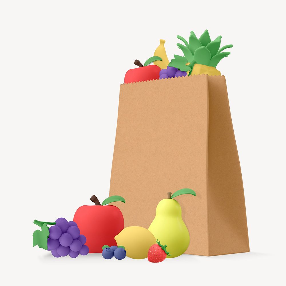 3D grocery bag clipart, food business design psd