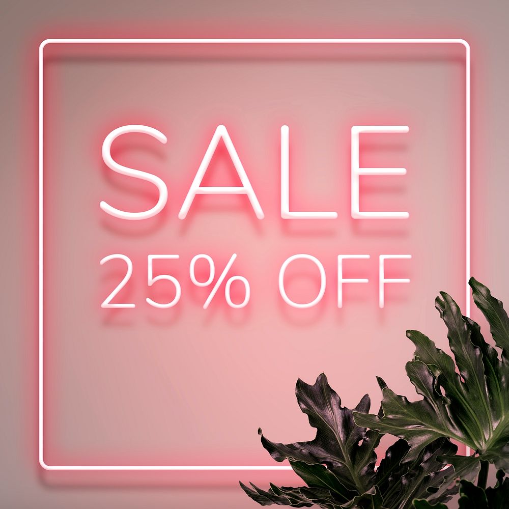 Lit pink neon 25% off sign on a wall mockup design
