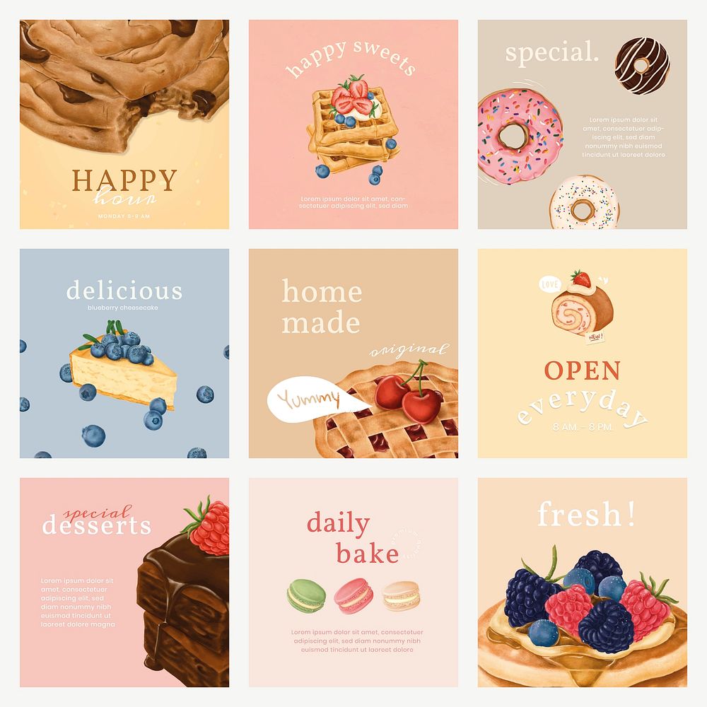 Instagram ad template vector with food illustration set