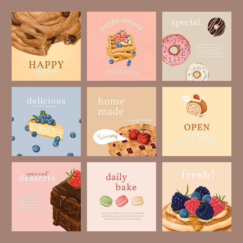 Hand drawn bakery Instagram ad template pack vector