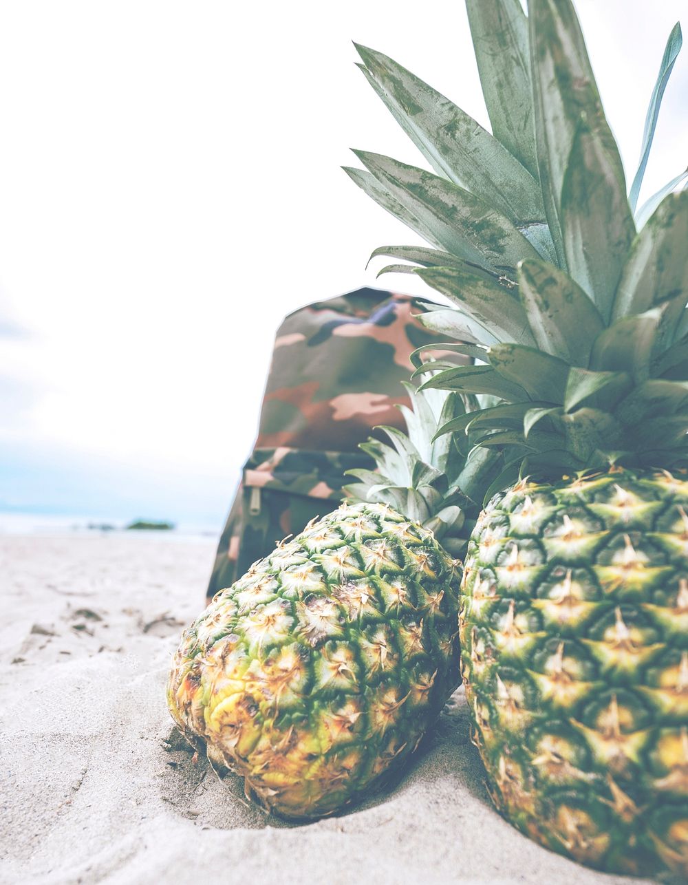 A pair of pineapples and a backpack on the beach.. Original public domain image from Wikimedia Commons