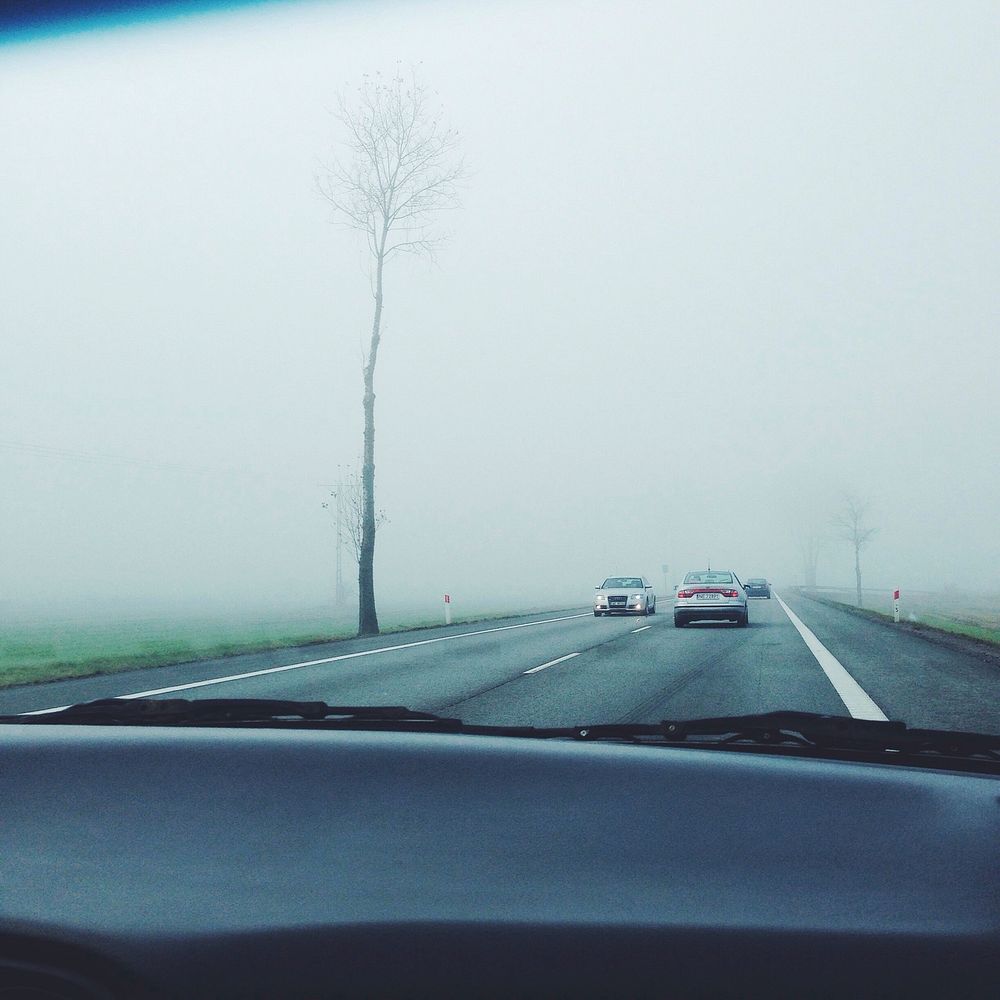The view through a windshield on a foggy road. Original public domain image from Wikimedia Commons