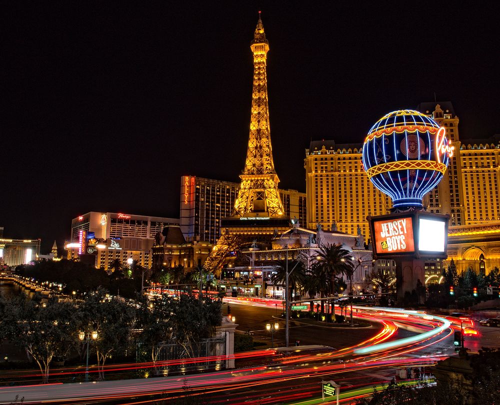 A postcard worthy image, showing the illuminated Le Theatre des Arts at Paris Las Vegas Casino. Original public domain image…