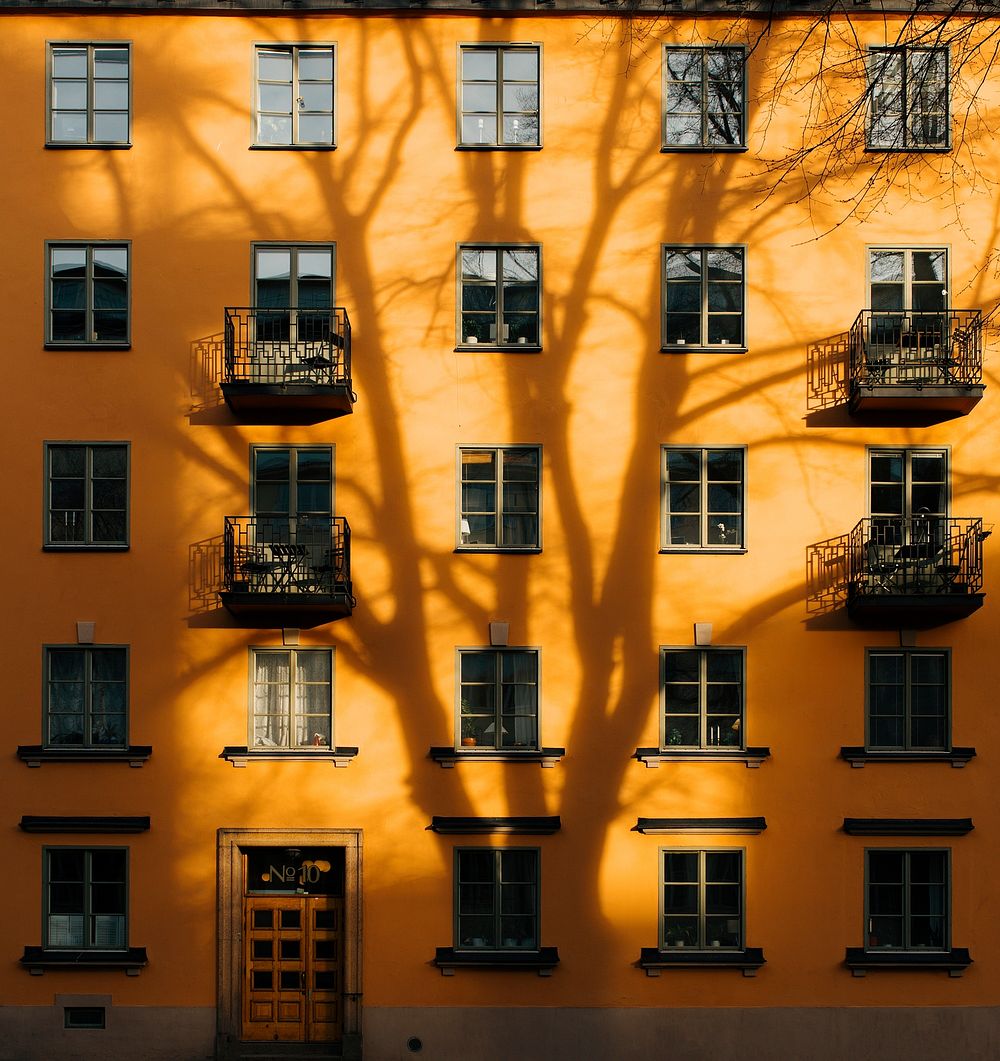 Tree shadow on a yellow apartment. Original public domain image from Wikimedia Commons