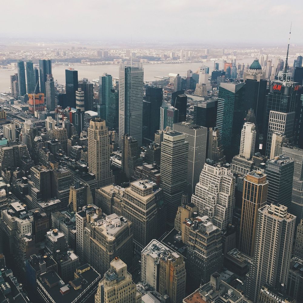 Downtown cityscape on a foggy day in New York, United States. Original public domain image from Wikimedia Commons