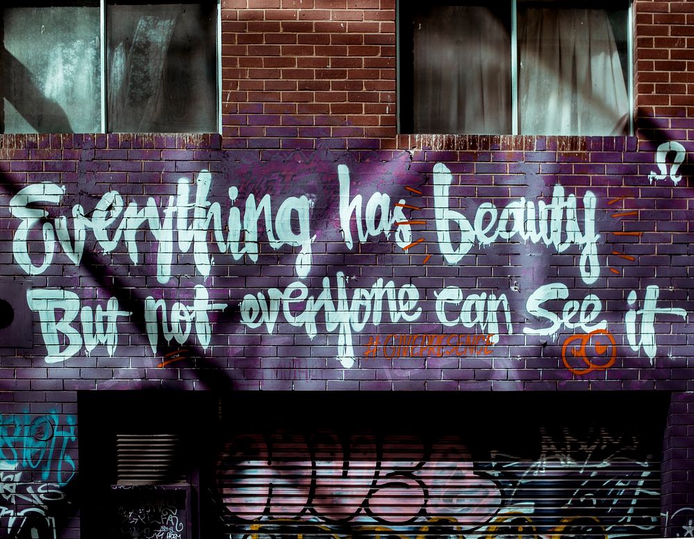 Brick wall art in Melbourne reads "Everything has beauty but not everyone can see it". Original public domain image from…