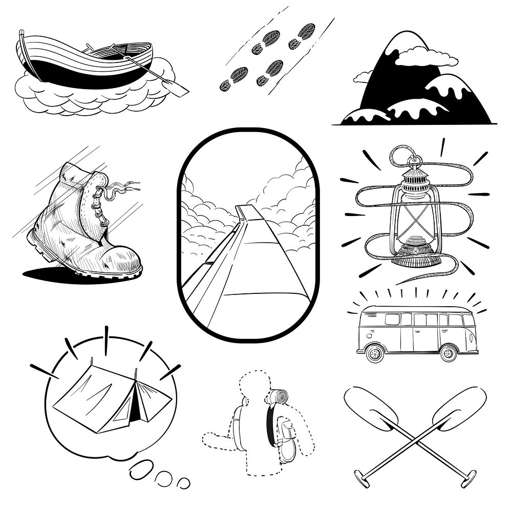 Hand drawing illustration set of wanderlust icons