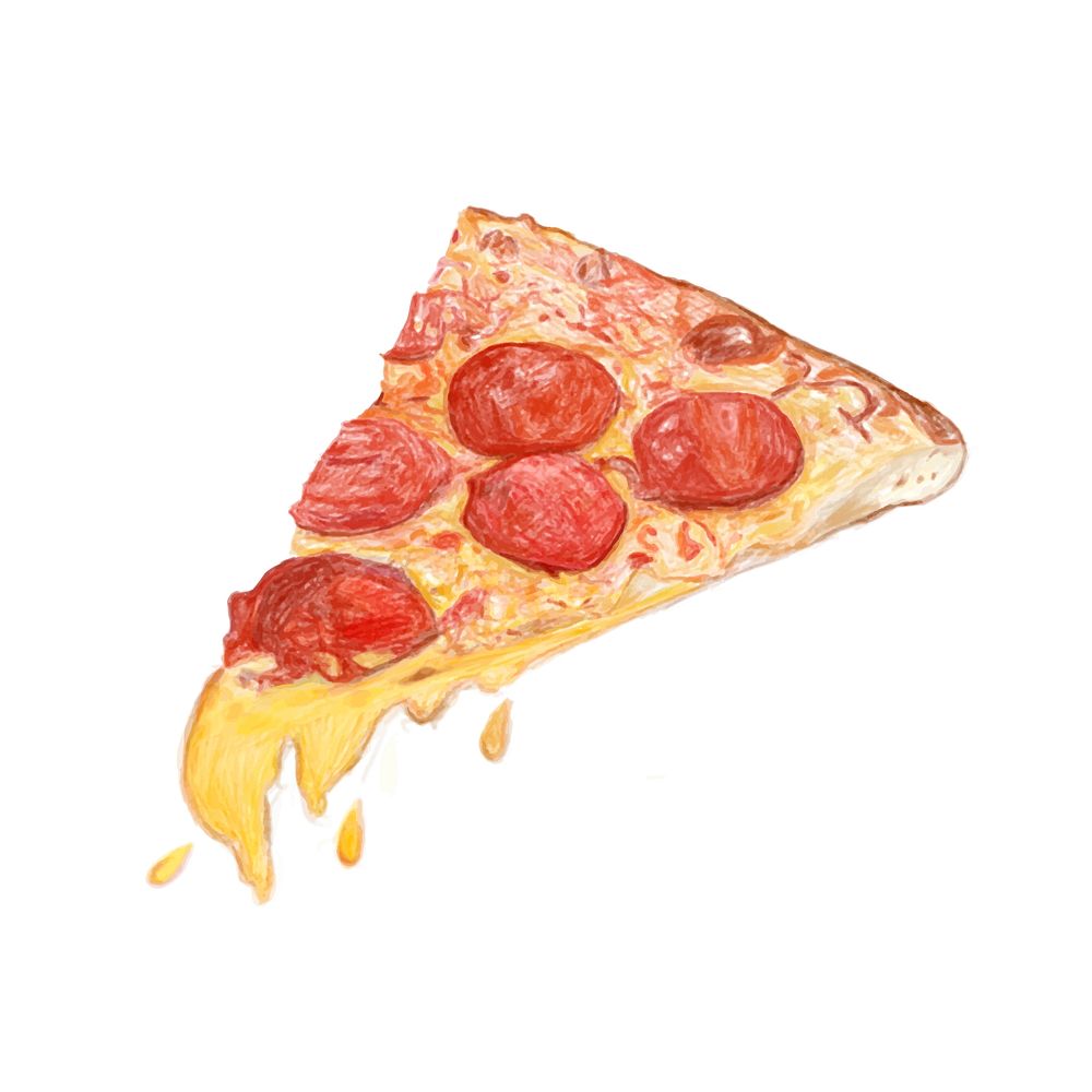 Illustration of hand drawn pizza icon isolated on white background