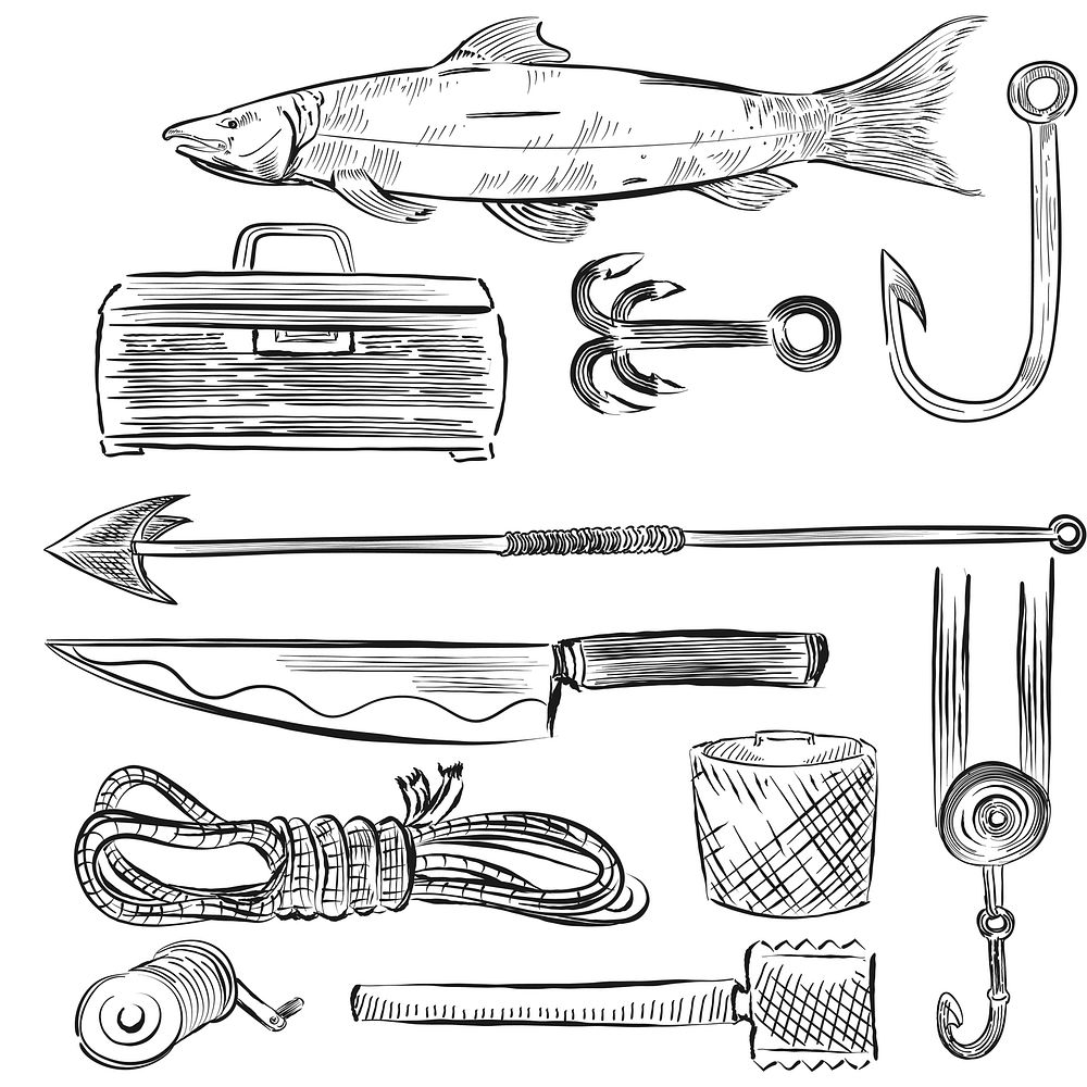 Illustrated set of fishing equipment