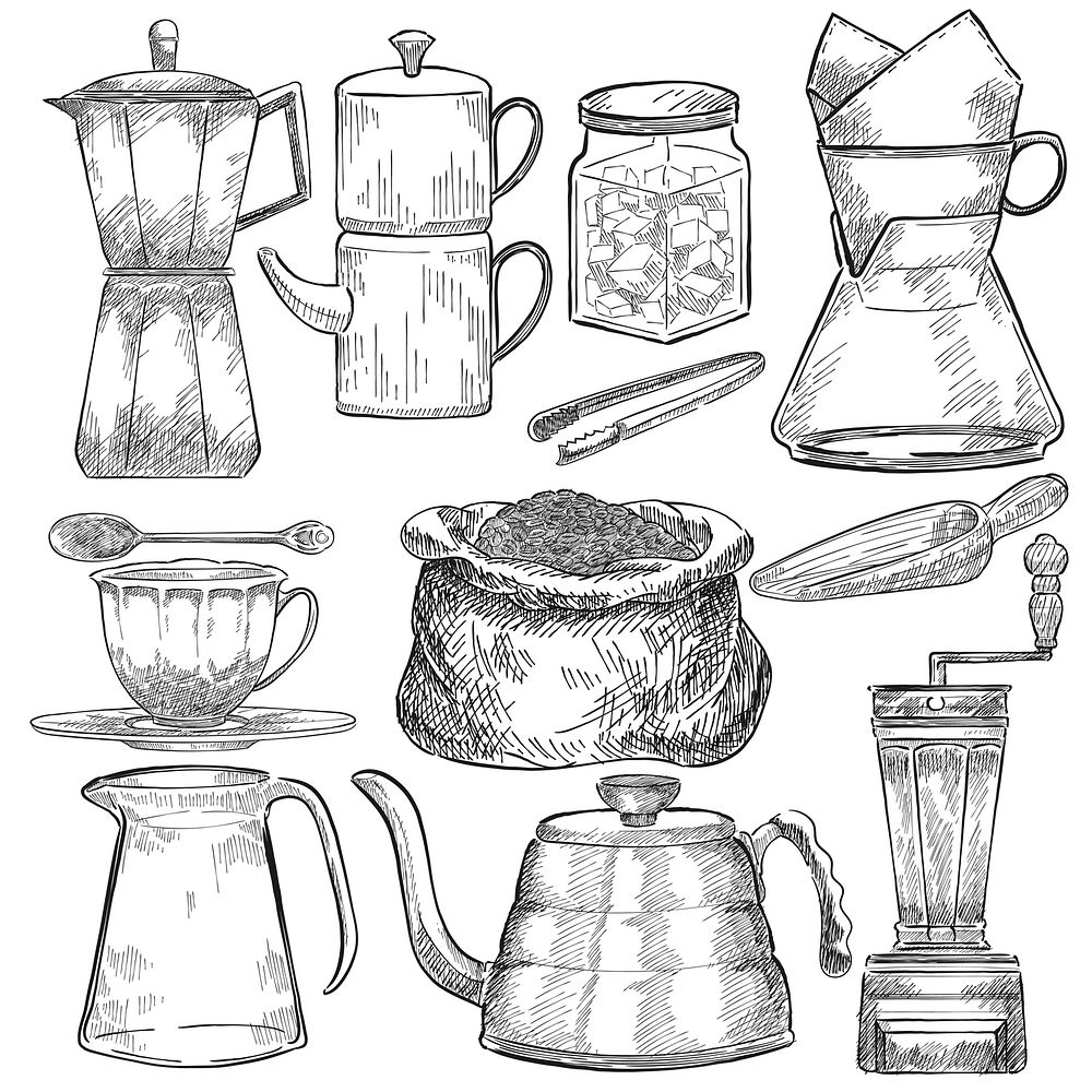 Illustrated set of coffee making tools