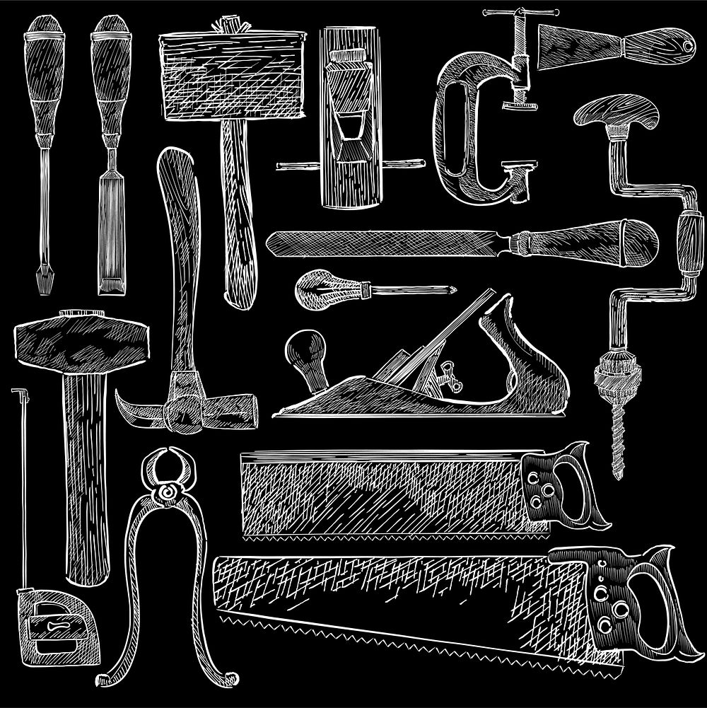 Illustration of a set of carpenter tools