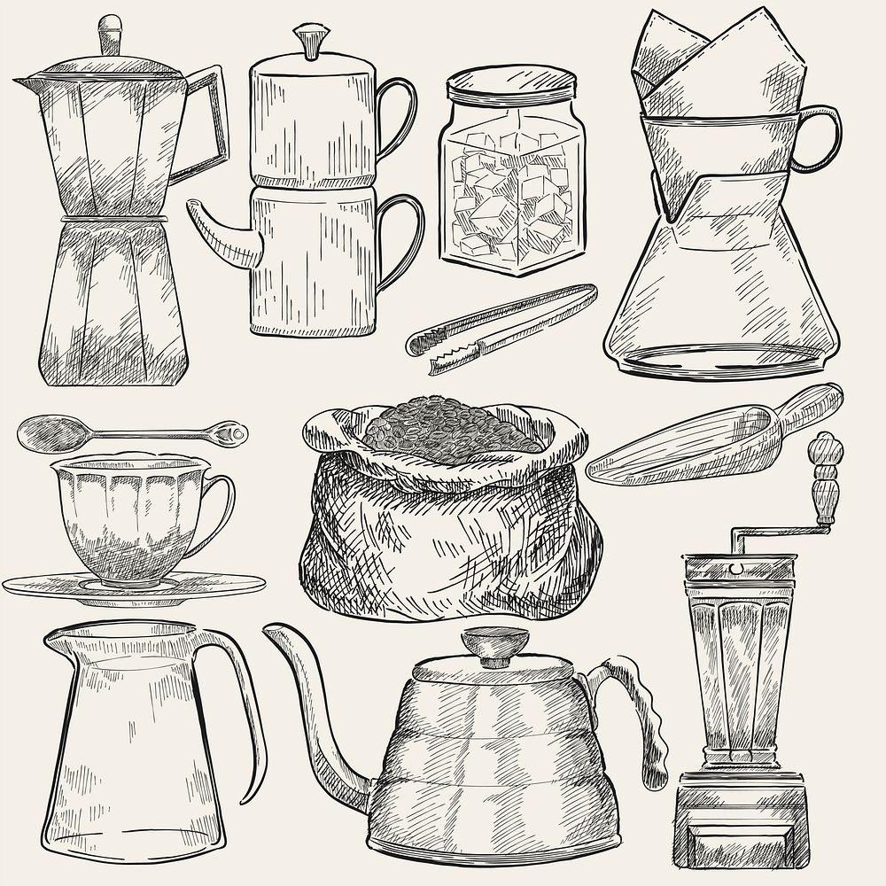 Illustrated set of coffee making tools