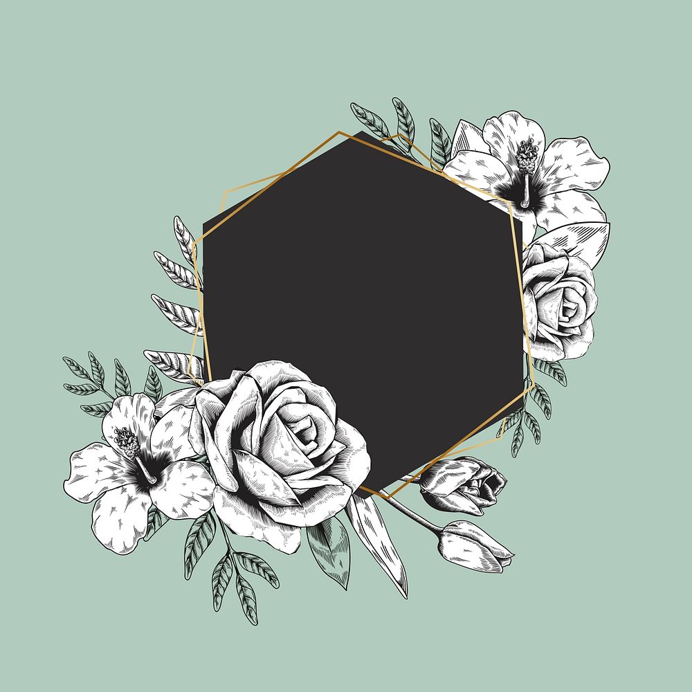 Blank hand drawn floral hexagon badge vector