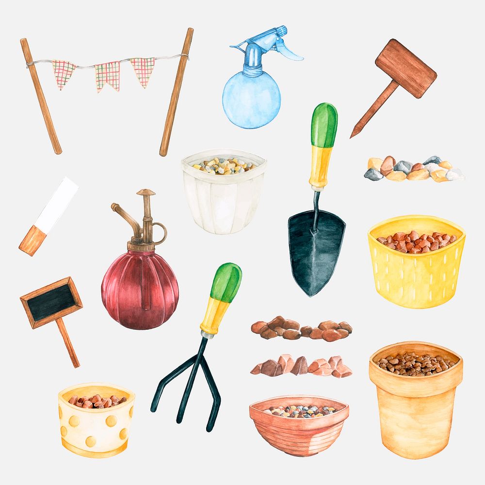 Gardening tools in watercolor illustrated sticker set
