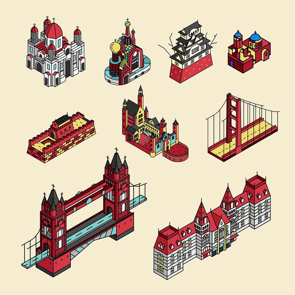 Illustration of world well known tourist spots collection