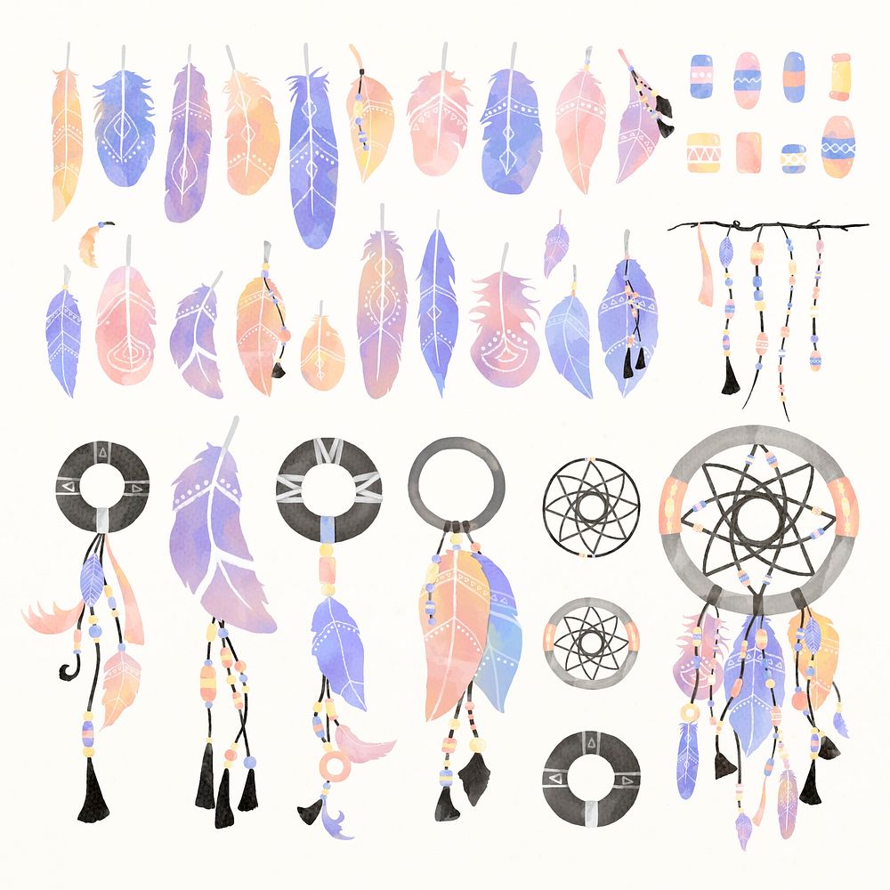 Pastel watercolor boho stye psd feathers and dreamcatchers