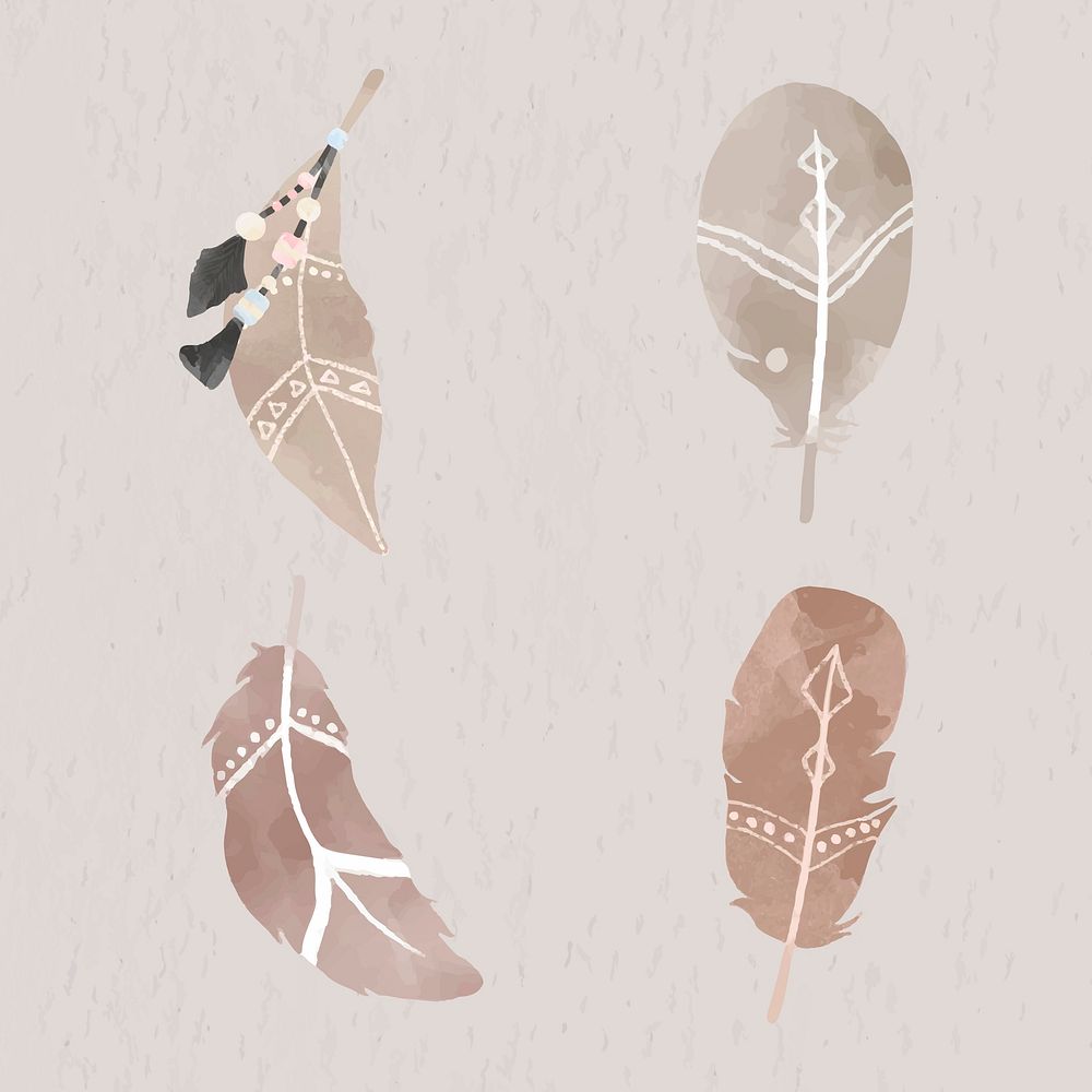 Hand drawn feather vector Boho style set