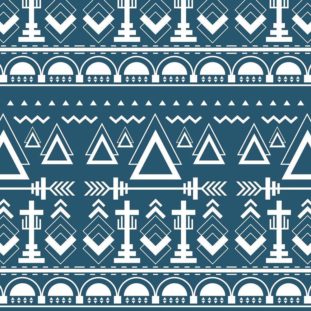 White tribal pattern, blue background, textile design