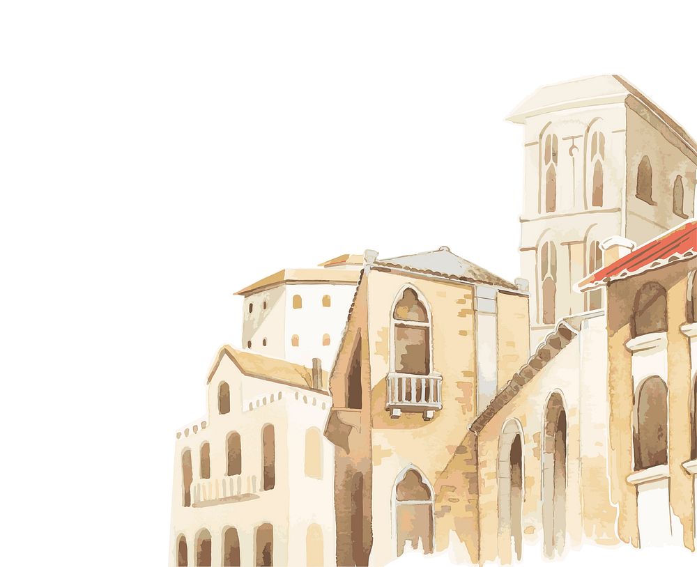 Illustration of Mediterranean city building exterior water color style