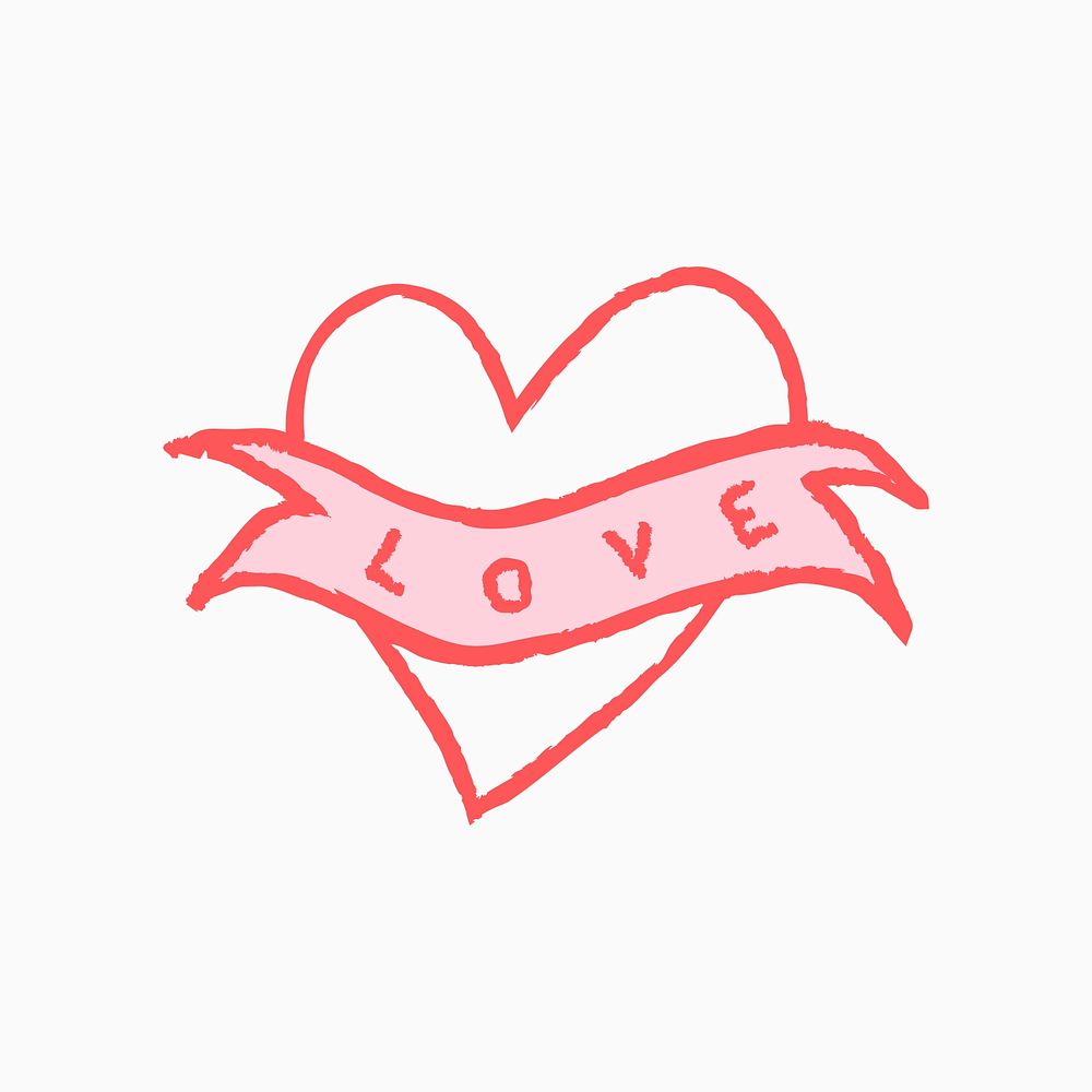 Heart icon psd love word, pink doodle illustration