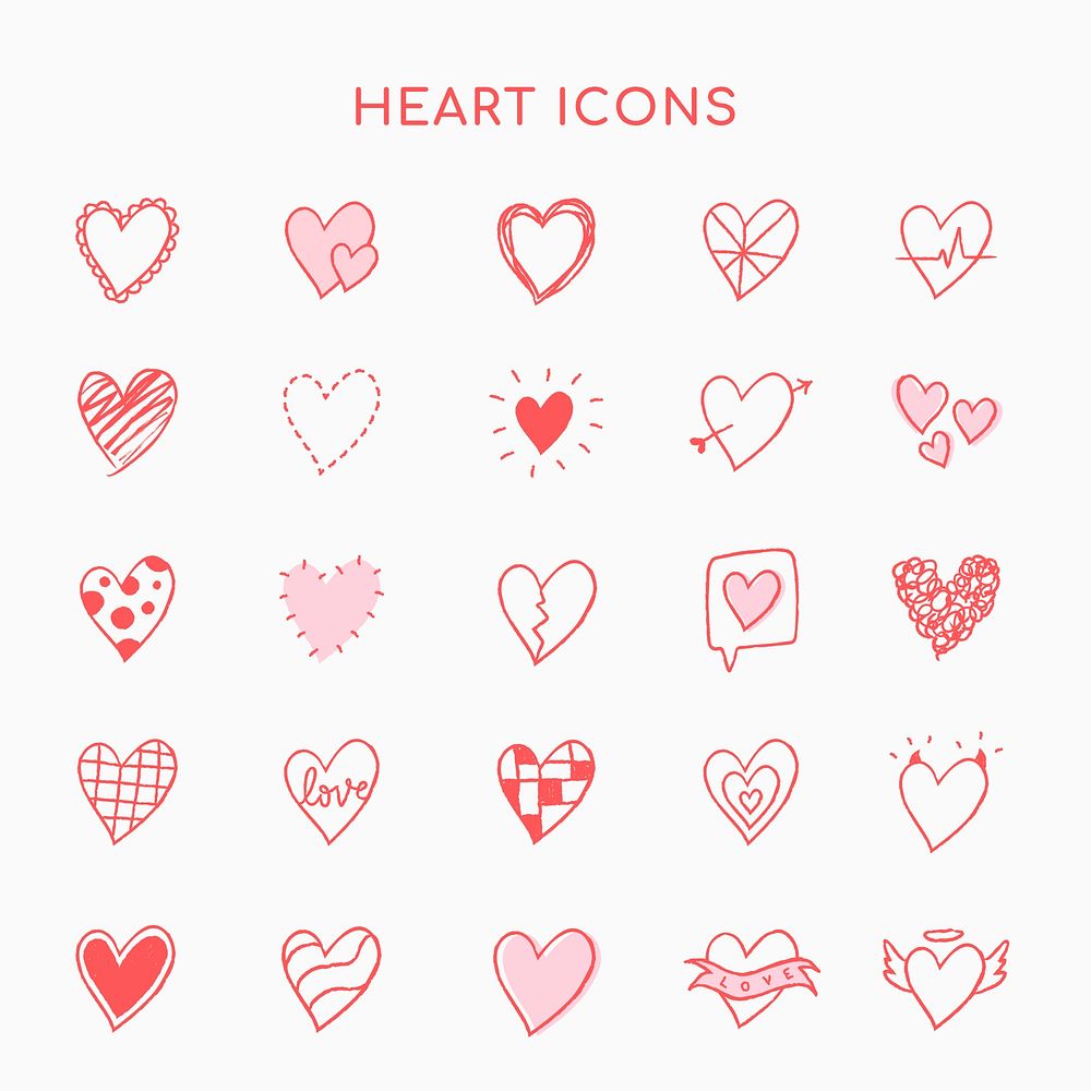 Heart icons psd, pink set in hand-drawn doodle style