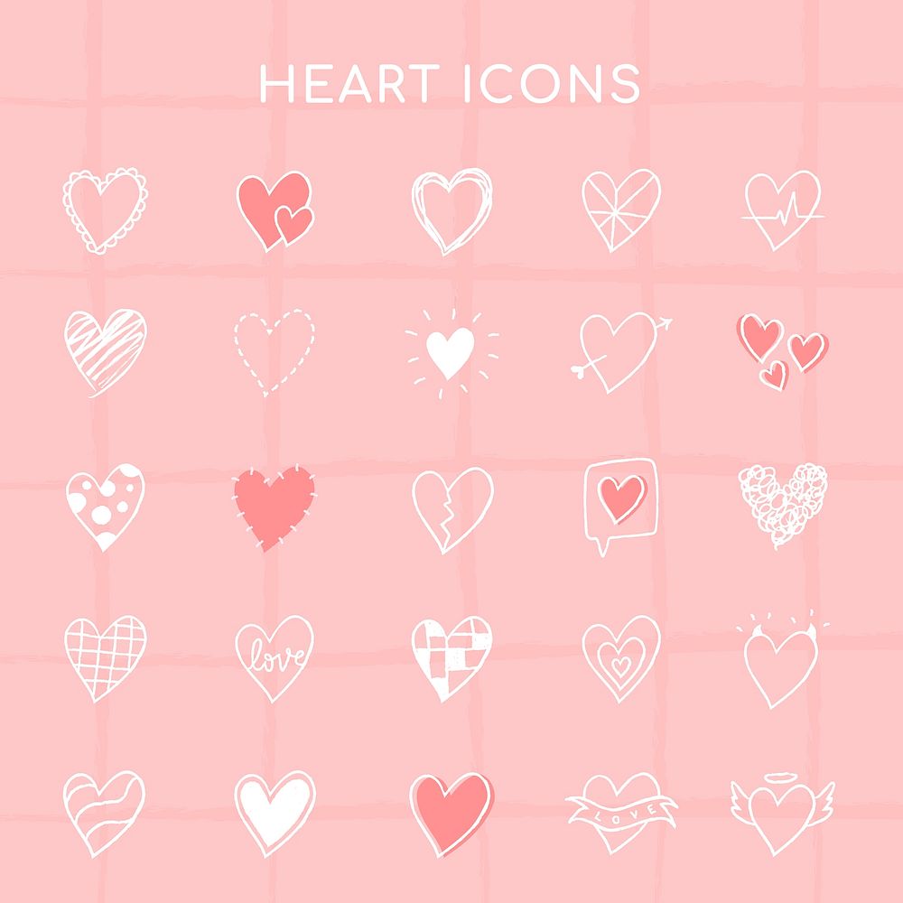 Heart icons, pink set vector in hand-drawn doodle style