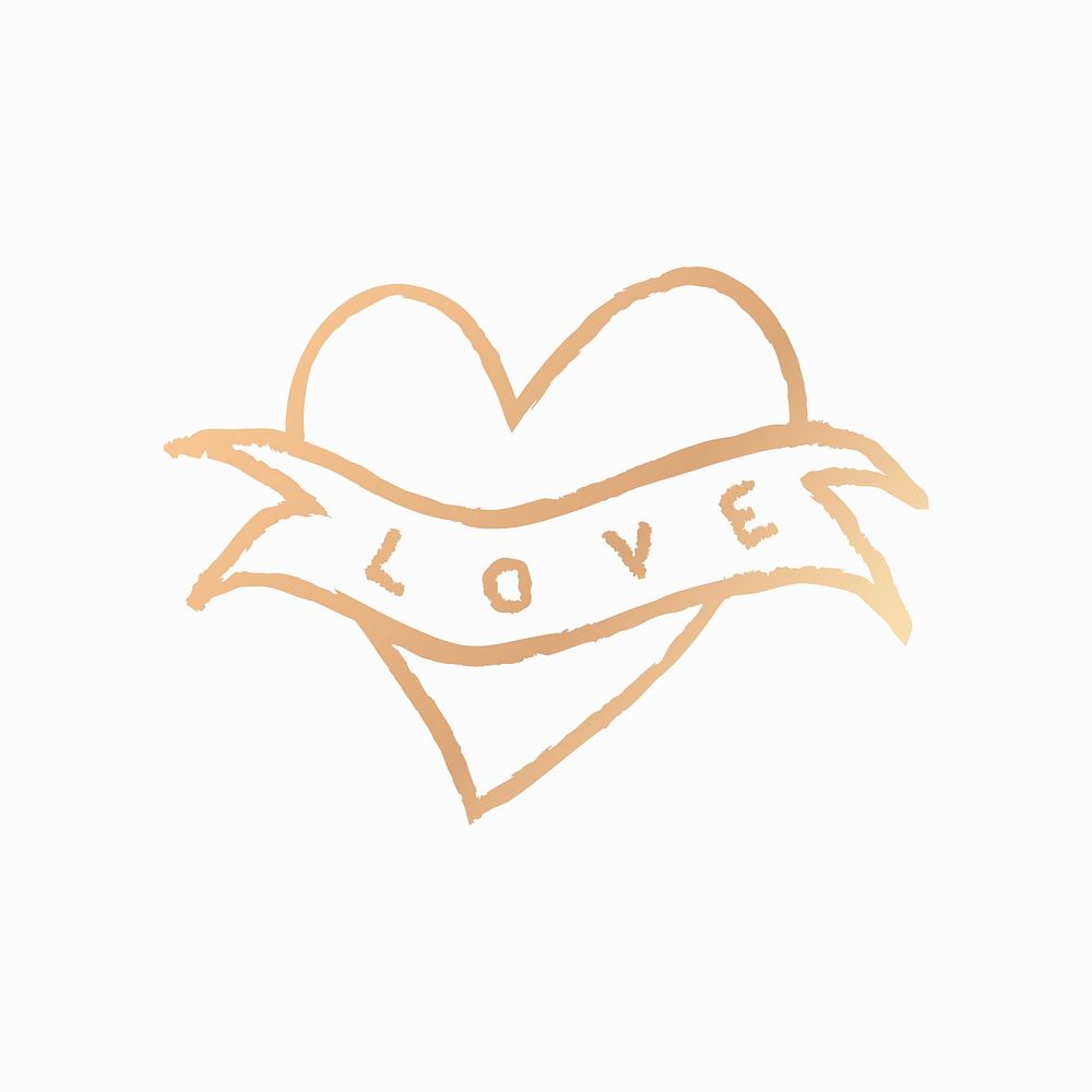 Gold heart icon psd love word, hand-drawn doodle style