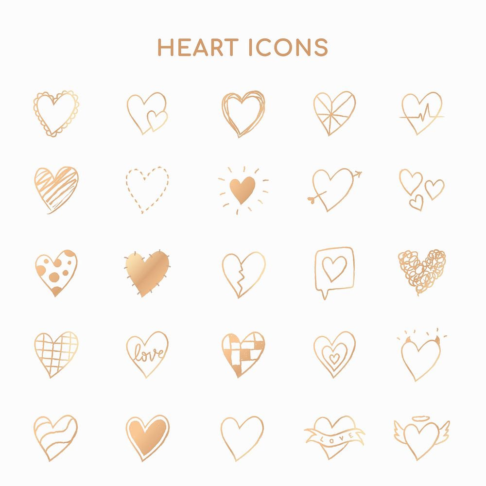 Gold heart icons psd, set in doodle style