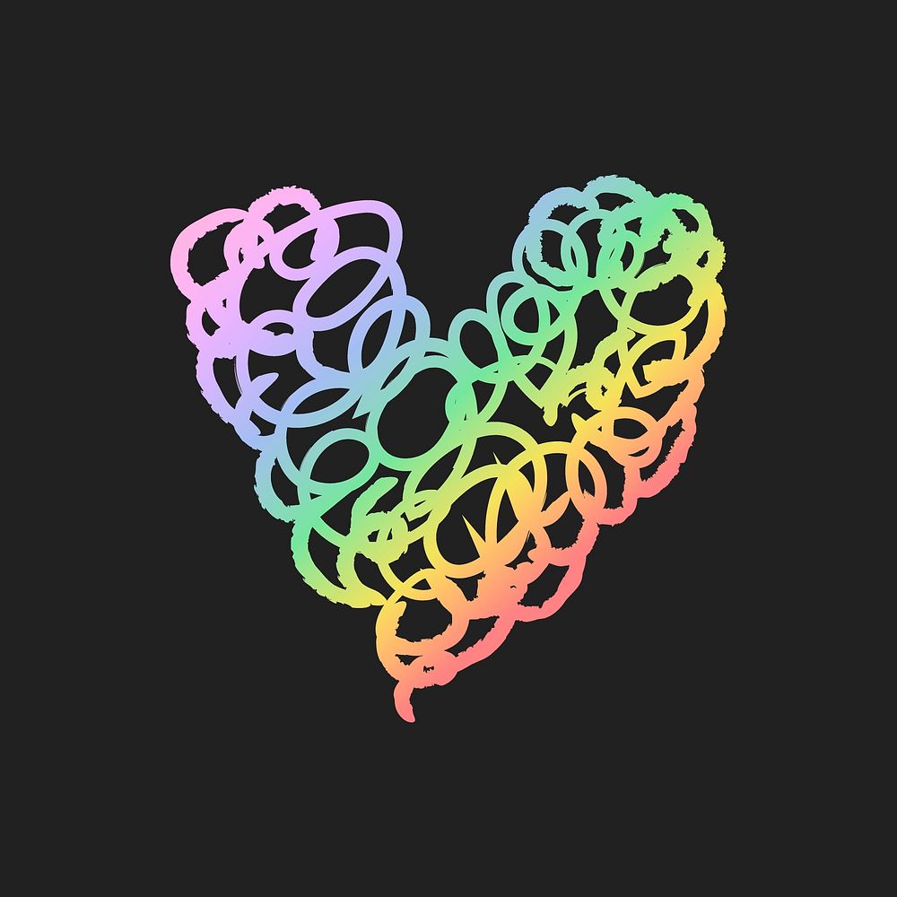Rainbow heart icon, scribble illustration in doodle style